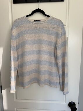 Zara Women's Linen Type Striped Crewneck Sweater in Cream and Light Blue